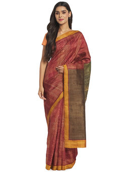 Fabindia - Magenta Hand Block Print Silk Saree