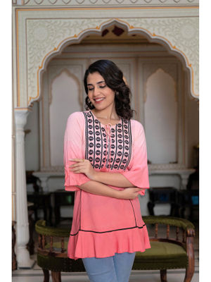 Peach Cambric Printed  Straight Tunic main image 1