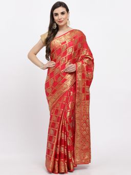 KISHORI - Women Bandhani With Zari Weaving Silk Saree & Blouse Red with Unstitched