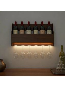 Dekorstation - Spacious Backlit MDF Bar Wall Shelf / Mini Bar Cabinet In Walnut Finish