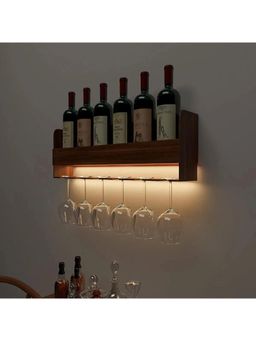 Dekorstation - Backlit Wooden Bar Wall Shelf-cum-Mini Bar Cabinet in Walnut Finish