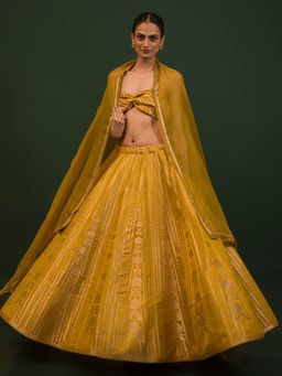 Sacred Weaves - Mustard Banarasi Semi-Stitched Lehenga with Unstitched Blouse and Dupatta