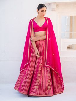 Sacred Weaves - Magenta Banarasi Semi-Stitched Lehenga with Unstitched Blouse and Dupatta