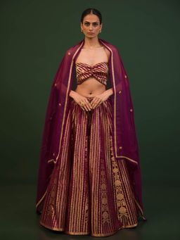 Sacred Weaves - Dark Purple Banarasi Semi-Stitched Lehenga with Unstitched Blouse and Dupatta