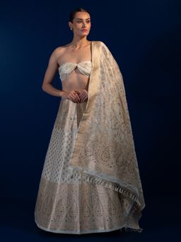 Sacred Weaves - Grey Meenakari Banarasi Semi-Stitched Lehenga with Unstitched Blouse and Dupatta