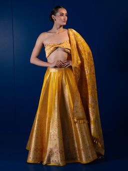 Sacred Weaves - Mustard Meenakari Semi-Stitched Lehenga with Unstitched Blouse and Dupatta