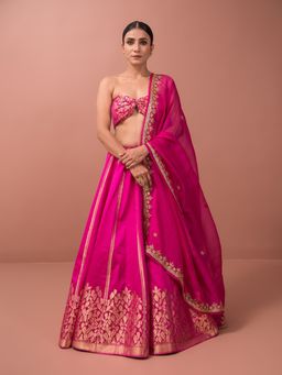 Sacred Weaves - Magenta Banarasi Semi-Stitched Lehenga with Unstitched Blouse and Dupatta