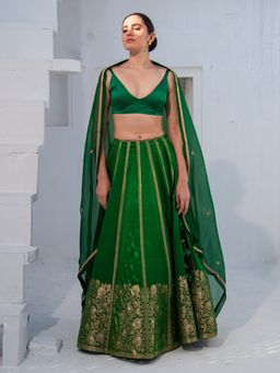 Sacred Weaves - Bottle Green Banarasi Semi-Stitched Lehenga with Unstitched Blouse and Dupatta