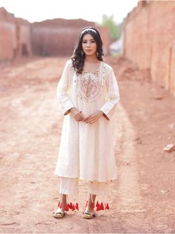 Mani Dua Khanna - A Line Ivory Anarkali with Pant (Set of 2)