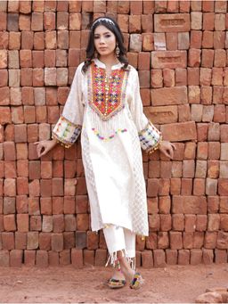 Mani Dua Khanna - Ivory Boho Style Straight Anarkali with Pant (Set of 2)