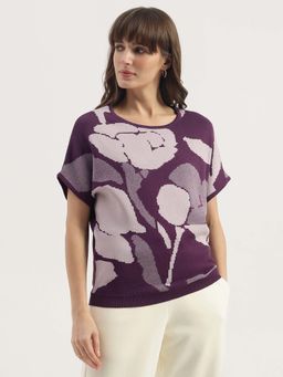 United Colors of Benetton - Round Neck Floral Print Extended Sleeve T-Shirt - Purple