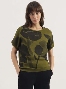 United Colors of Benetton - Round Neck Floral Print Extended Sleeve T-Shirt - Green