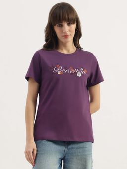 United Colors of Benetton - Round Neck Embroidered Garden Branding T-Shirt - Purple