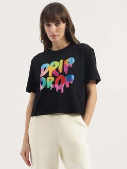 United Colors of Benetton - Round Neck Typography Ombre Slogan T-Shirt - Black