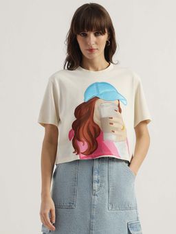 United Colors of Benetton - Round Neck Printed Face Crop Pique T-Shirt - Beige