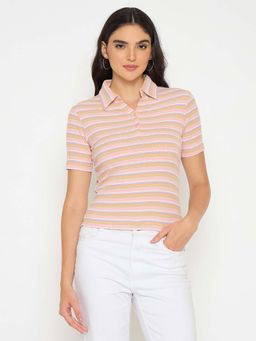Madame - Rayon Blend Striped Pink Polo T-shirt - Multi-Color