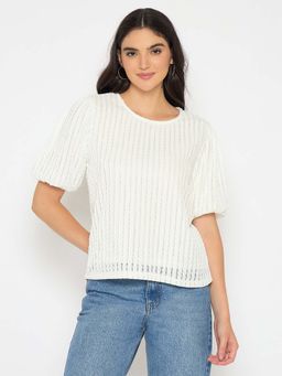 Madame - Textured Solid White T-shirt