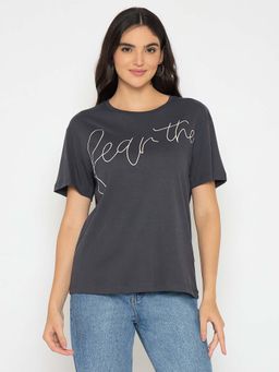 Madame - Typography Print Charcoal Black Cotton T-shirt