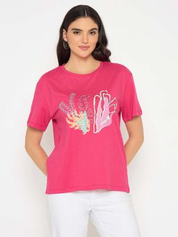Madame - Embroidered Hot Pink Cotton T-shirt