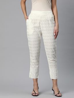 Readiprint - Women Cotton Fabric White Embroidered Trousers