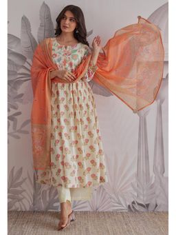 GANGA GRACE - Cream Floral Printed Cotton Anarkali with Pant and Dupatta