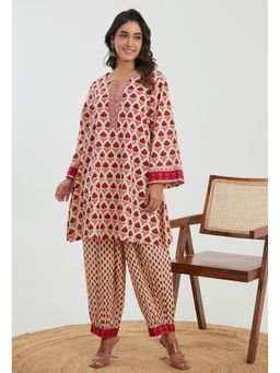 GANGA GRACE - Maroon Motif Printed Cotton Co-Ord Set