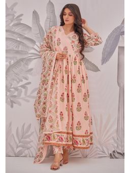 GANGA GRACE - Peach Floral Printed Cotton Anarkali with Pant and Dupatta
