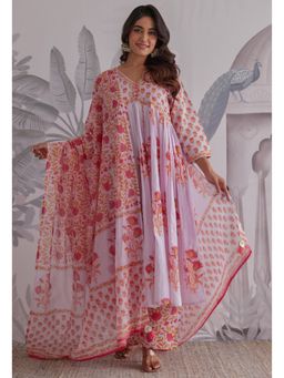 GANGA GRACE - Lavender Floral Printed Cotton Anarkali with Pant and Dupatta