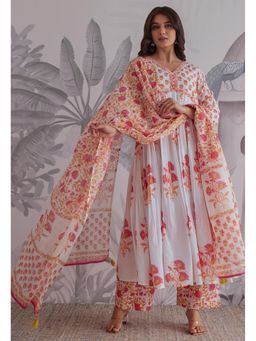 GANGA GRACE - White Floral Printed Cotton Anarkali Kurta Set