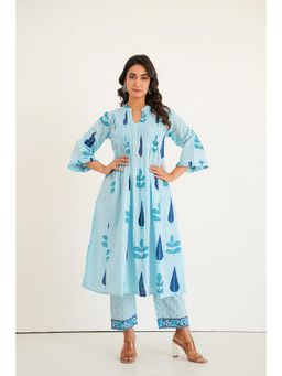 GANGA GRACE - Blue Pintucks Buta Printed Cotton Co-Ord Set