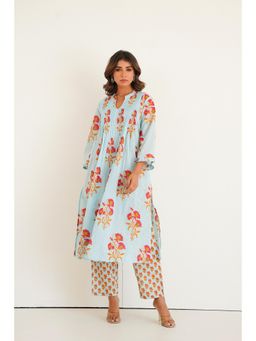 GANGA GRACE - Blue Pintucks Floral Printed Cotton Kurta with Pant