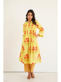 GANGA GRACE - Yellow Pintucks Floral Printed Cotton Kurta with Pant