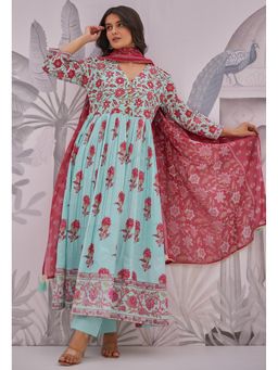 GANGA GRACE - Blue Floral Printed Cotton Anarkali with Pant and Dupatta