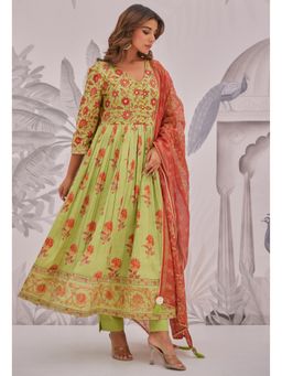 GANGA GRACE - Green Floral Printed Cotton Anarkali with Pant and Dupatta