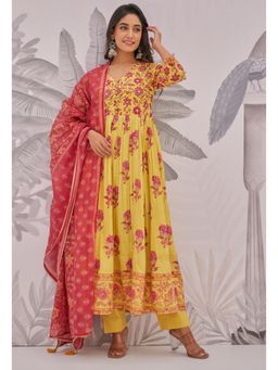 GANGA GRACE - Yellow Floral Printed Cotton Anarkali with Pant and Dupatta