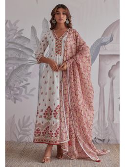 GANGA GRACE - Maroon Floral Printed Cotton Anarkali with Dupatta