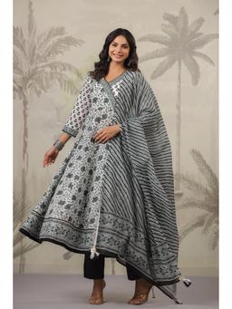 GANGA GRACE - Black Floral Printed Angrakha with Pant and Dupatta