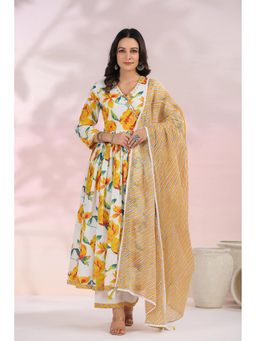 GANGA GRACE - Yellow Green Floral Printed Cotton Anarkali with Pant and Dupatta