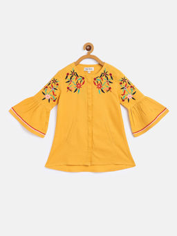 Bella Moda - Casual Round Neck Fit & Flair Embroidery Print Girls Dress - Yellow