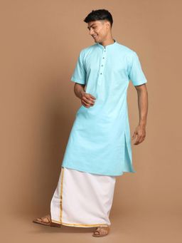 Vastramay - Mens Blue & White Cotton Linen Kurta with Mundu (Set of 2)