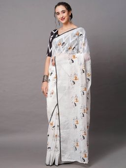 Odette - White Festive Linen Blend Printed Saree with Unstitched Blouse