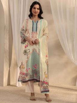 Libas - Off White Ethnic Motif Printed Muslin Straight Suit Set With Dupatta