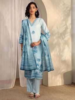 Libas - Blue Floral V-Neck Kurta Pant With Dupatta