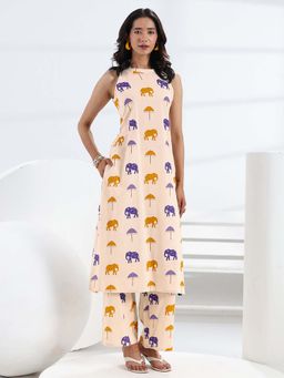 Libas - Cream Printed Halter Neck Kurta And Palazzo
