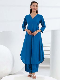 Libas - Blue Solid/Plain V-Neck Kurta And Palazzo