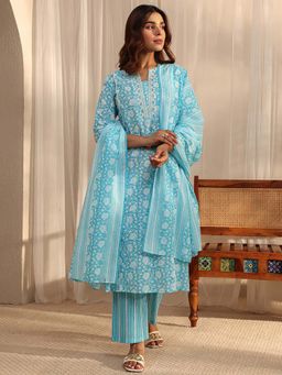 Gerua By Libas - Blue Embroidered Round Neck Kurta Pant With Dupatta