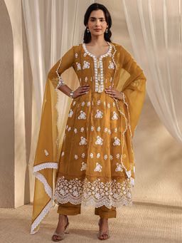 Libas - Mustard Embroidered Round Neck Kurta Pant With Dupatta