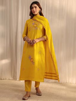 Libas - Mustard Embroidered V-Neck Kurta Pant With Dupatta