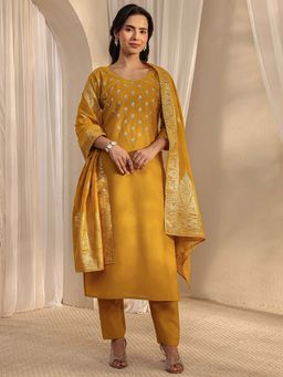 Libas - Mustard Embroidered Round Neck Kurta Pant With Dupatta