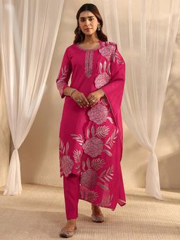 Libas - Pink Embroidered Round Neck Kurta Pant With Dupatta